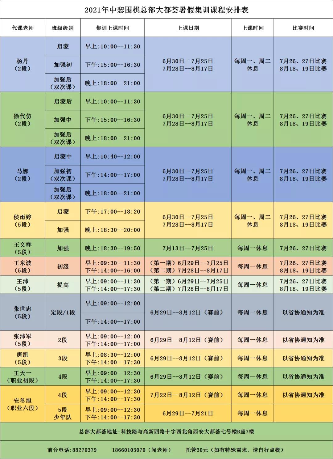 中惒围棋2021年暑假集训课程表